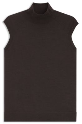 Sleeveless mock-neck sweater in merino wool, Dark Brown