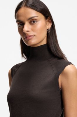 Sleeveless top in merino wool with mock neck, Dark Brown