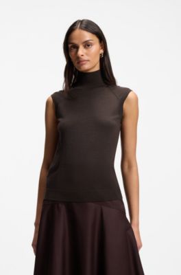 Sleeveless top in merino wool with mock neck, Dark Brown