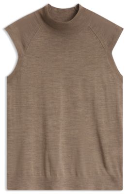 Jersey sin mangas de lana merina con cuello ingl&eacute;s, Marr&oacute;n claro
