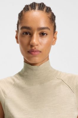 Top sin mangas de lana merina con cuello caja, Beige claro