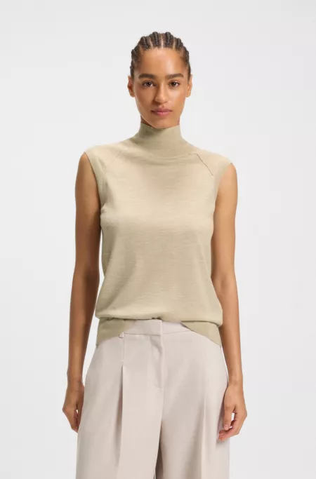 Sleeveless top in merino wool with mock neck