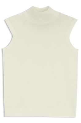 Sleeveless top in merino wool with mock neck, Light Beige