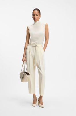 Top sin mangas de lana merina con cuello caja, Beige claro