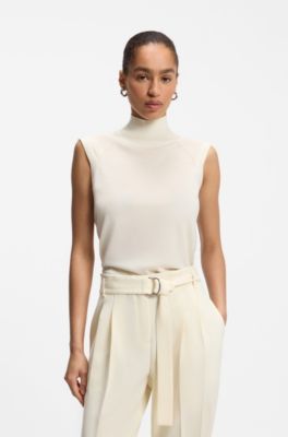 Top sin mangas de lana merina con cuello caja, Beige claro