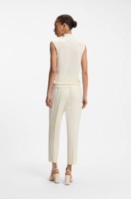 Sleeveless top in merino wool with mock neck, Light Beige