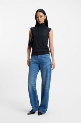 Sleeveless top in merino wool with mock neck, Dark Blue