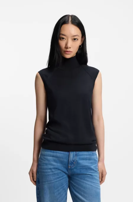 Sleeveless top in merino wool with mock neck