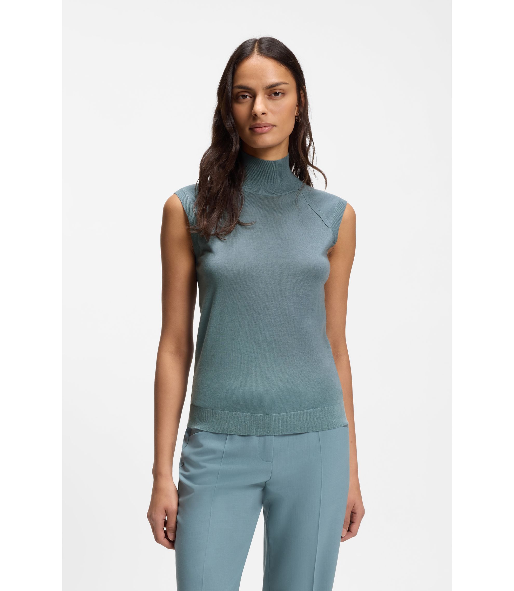 BOSS - Sleeveless mock-neck sweater in merino wool - Blue