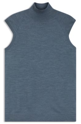 Sleeveless top in merino wool with mock neck, Light Blue