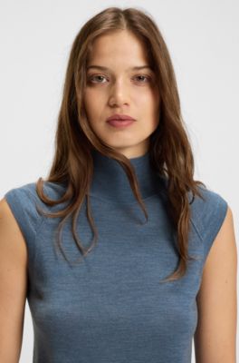 Sleeveless top in merino wool with mock neck, Light Blue