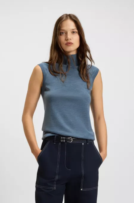 Sleeveless top in merino wool with mock neck