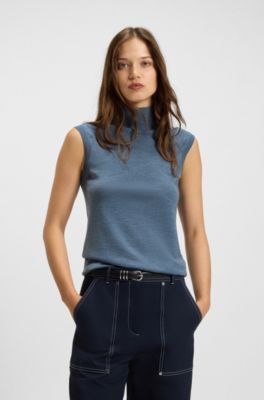 Sleeveless top in merino wool with mock neck, Light Blue