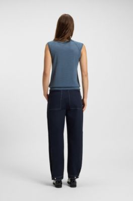 Sleeveless top in merino wool with mock neck, Light Blue