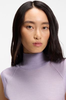 Sleeveless top in merino wool with mock neck, Light Purple