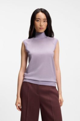 Sleeveless top in merino wool with mock neck, Light Purple