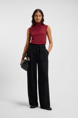 Sleeveless top in merino wool with mock neck, Dark Red