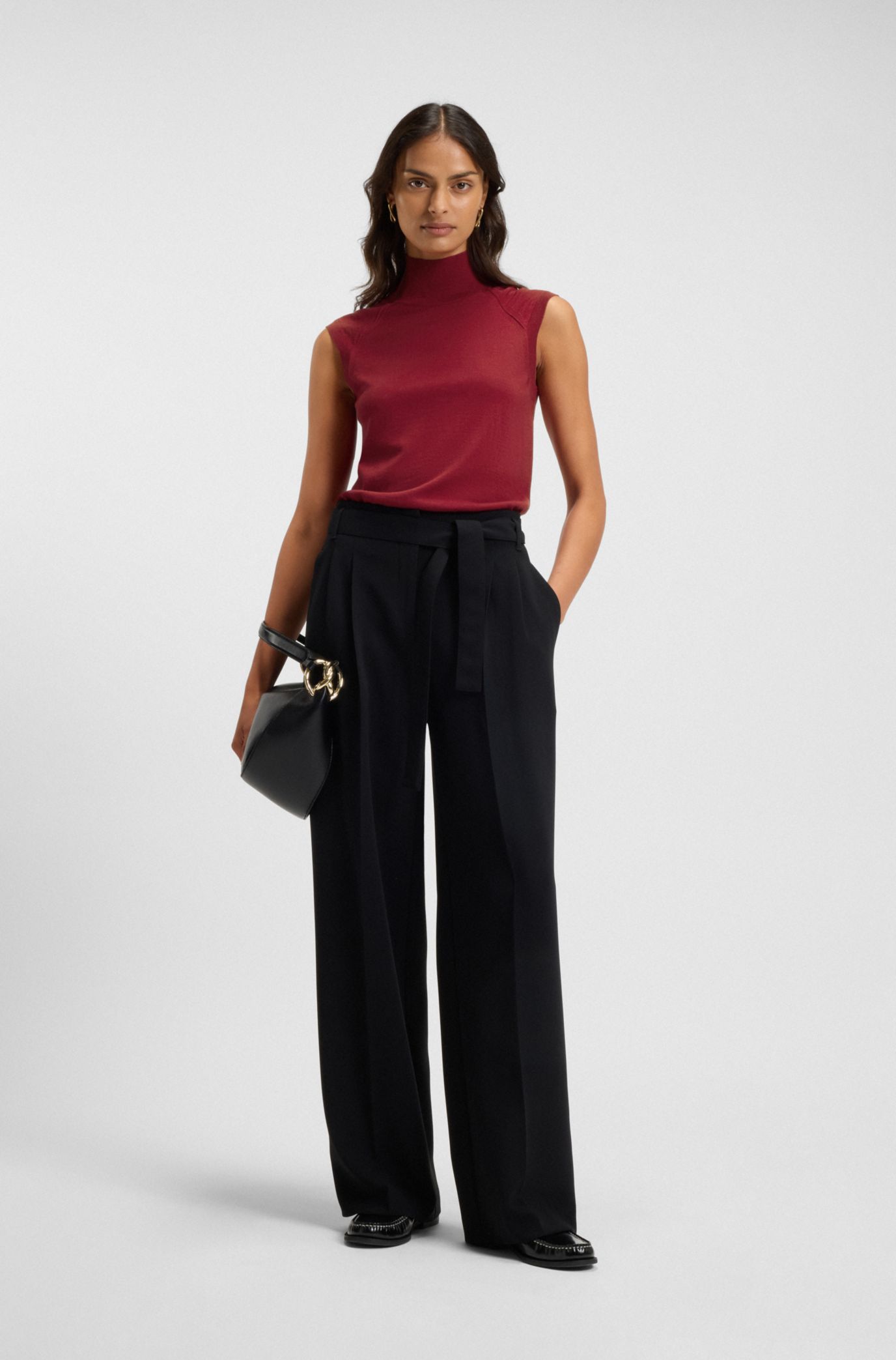 BOSS - Sleeveless mock-neck sweater in merino wool - Dark Red