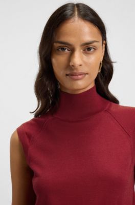 Top sin mangas de lana merina con cuello caja, Rojo oscuro