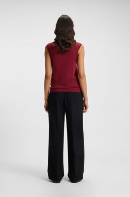 Sleeveless top in merino wool with mock neck, Dark Red
