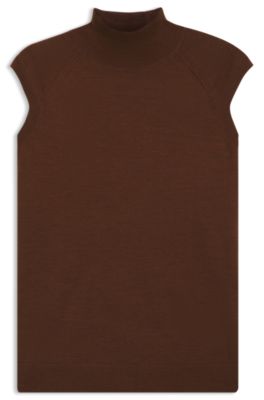 Sleeveless mock-neck sweater in merino wool, Brown