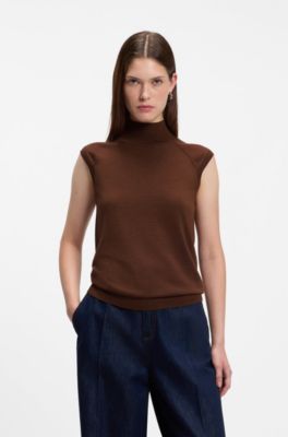 Sleeveless mock-neck sweater in merino wool, Brown