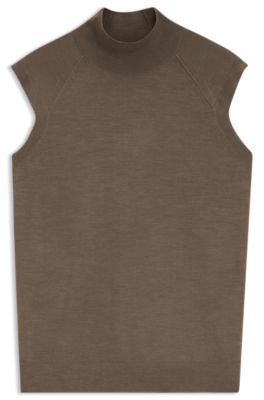 Sleeveless mock-neck sweater in merino wool, Brown