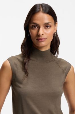 Sleeveless mock-neck sweater in merino wool, Brown