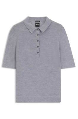 Jersey de manga corta en lana merina con cuello de polo, Gris claro