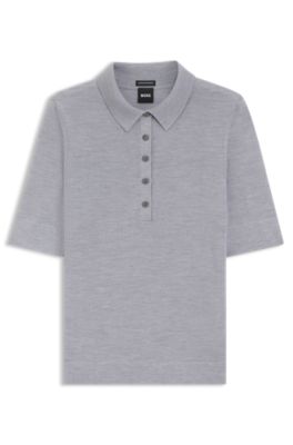 Jersey de manga corta en lana merina con cuello de polo, Gris claro