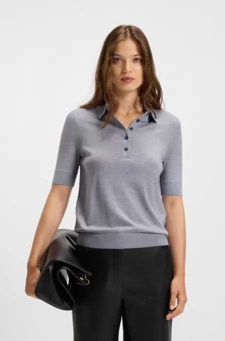 Short-sleeved sweater in merino wool with polo collar
