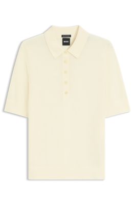 Short-sleeved sweater in merino wool with polo collar, Light Beige