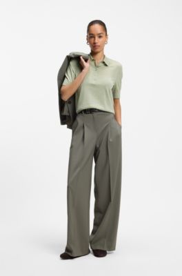 Short-sleeved sweater in merino wool with polo collar, Light Green