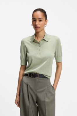 Short-sleeved sweater in merino wool with polo collar, Light Green