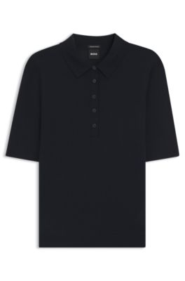 Jersey de manga corta en lana merina con cuello de polo, Azul oscuro