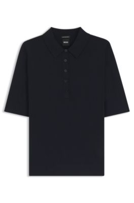Short-sleeved sweater in merino wool with polo collar, Dark Blue