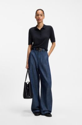 Short-sleeved sweater in merino wool with polo collar, Dark Blue