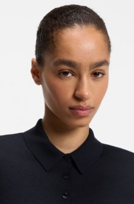 Pull en laine m&eacute;rinos &agrave; col polo et &agrave; manches courtes, Bleu fonc&eacute;