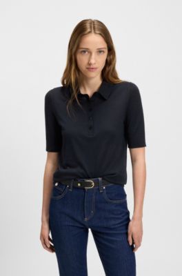 Jersey de manga corta en lana merina con cuello de polo, Azul oscuro