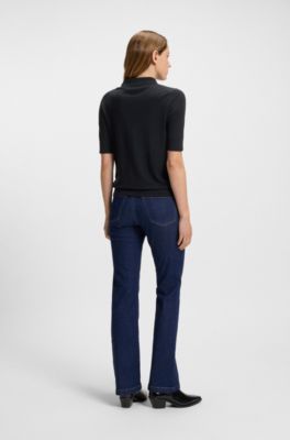 Jersey de manga corta en lana merina con cuello de polo, Azul oscuro