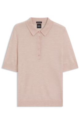 Jersey de manga corta en lana merina con cuello de polo, Rosa claro