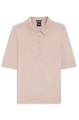 Jersey de manga corta en lana merina con cuello de polo, Rosa claro