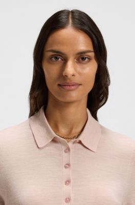 Jersey de manga corta en lana merina con cuello de polo, Rosa claro