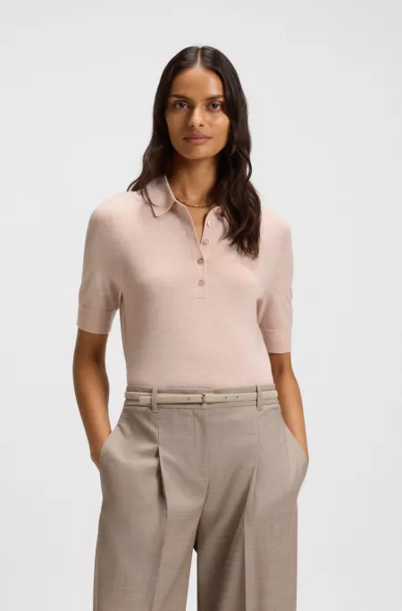 Short-sleeved sweater in merino wool with polo collar