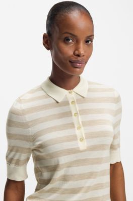 Short-sleeved sweater in merino wool with polo collar, Patterned