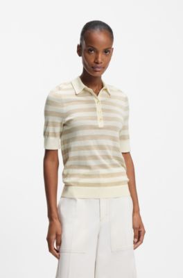 Short-sleeved sweater in merino wool with polo collar, Patterned