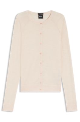 Crewneck cardigan in superfine merino wool, White