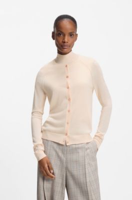Crewneck cardigan in superfine merino wool, White