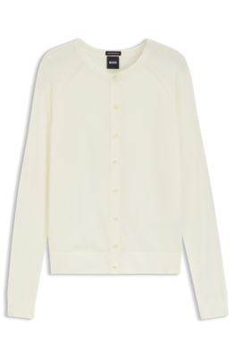 Crewneck cardigan in superfine merino wool, White