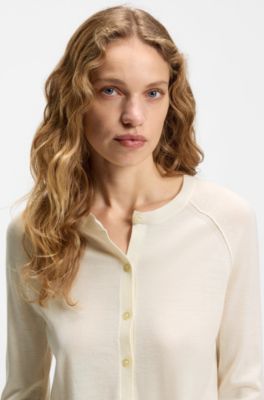 Crewneck cardigan in superfine merino wool, White